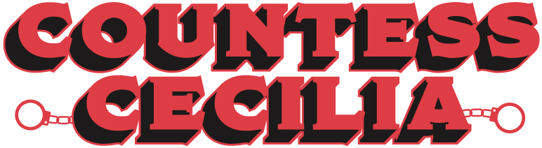 Logo for Cincinnati dominatrix that reads, "Countess Cecilia" in bold red letters influenced by vintage Grindhouse films. Handcuffs extend from beneath the text to signify the bondage aspect of BDSM.